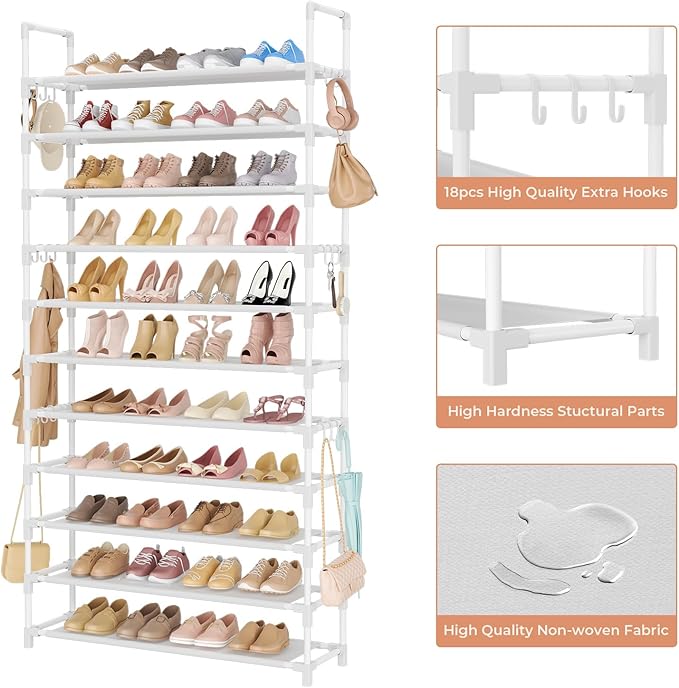 11 Tiers Tall Shoe Rack Holds 55 Pairs of Shoes with 18pcs Hooks Sturdy Wide Shoe Organizer Storage Free Standing Metal Shoe Shelf for Closet, Entryway White-NeatNest