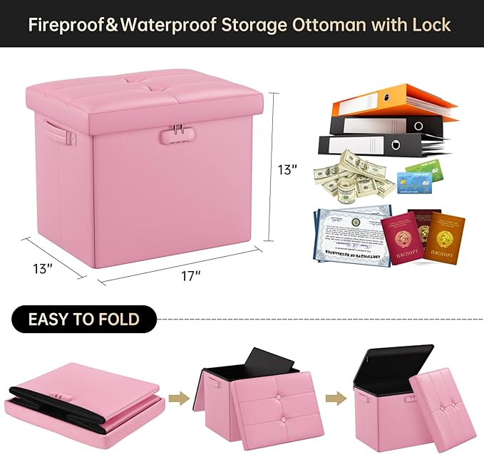 DocSafe Storage Ottoman Foot Rest Stool with Lock & Handles, Fireproof Folding Leather Footstool Bench with Storage Safe for Living Room Bedroom, Home Office, Dorm, 17x13x13in, Pink-NeatNest