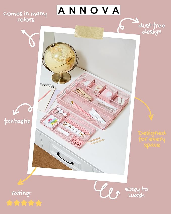 Annova Desk Top Organizer Tray for Office Organization - Metal Mesh - Storage Tray with Dividers for Pens, Desktop Accessories, Bathroom, Kitchen, Makeup and Office Supplies (Large, Light Pink)-NeatNest