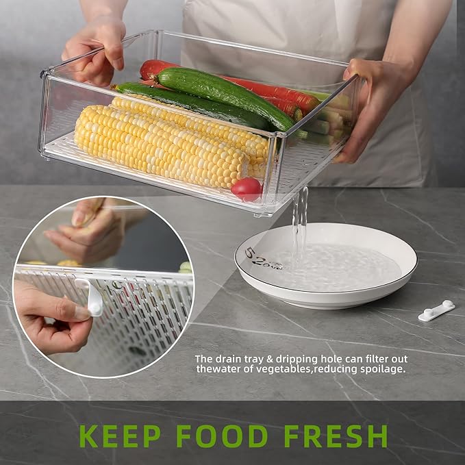 Refrigerator Organizers and Storage, 7 Pack Stackable Clear Drawer Storage Containers and Bins with Lids for Salad Bar, Fruits, Vegetables, Food, Produce, Kitchen and Fridge Organization