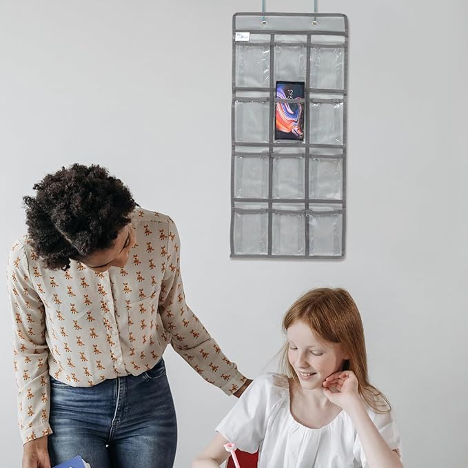 DOITOOL 12 Pockets Classroom Pocket Chart for Cell Phone Calculator Holder Over The Door Hanging Closet Jewelry Organizer Clear Pocket Chart Organizer for Classroom Cellphone Storage-NeatNest