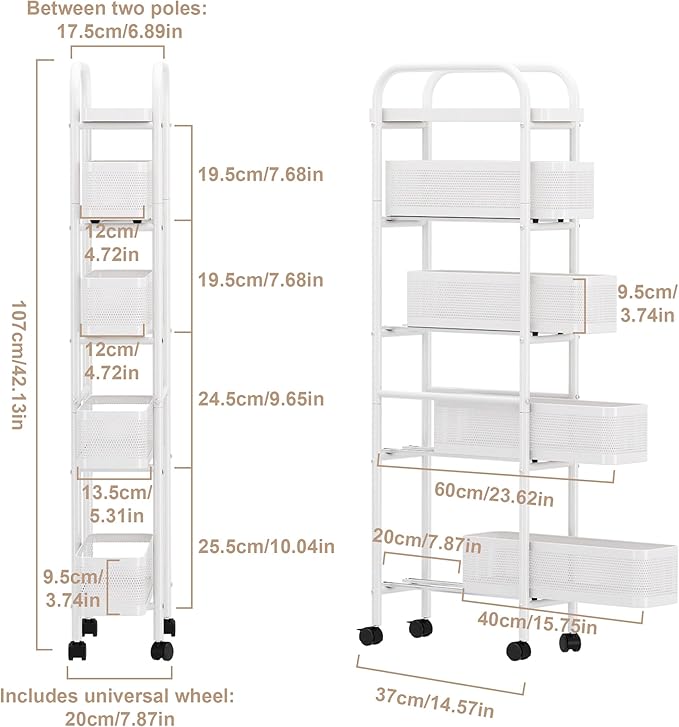 UMDONX Slim Storage Cart 5 Tier with Pull Out Basket Bathroom Organizer Rolling cart, Rolling Utility Cart Slide Out Organizer for Kitchen, Bathroom, Laundry White