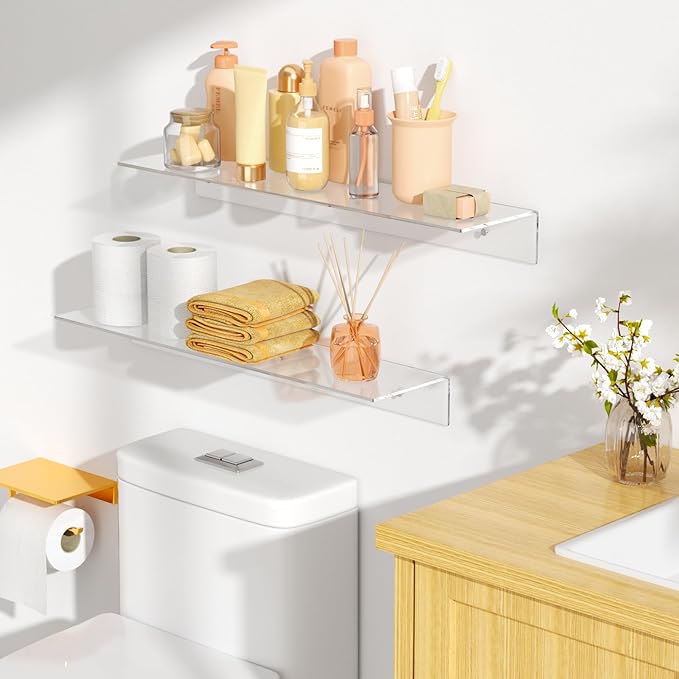 FEMELI 2 PCS 24" Acrylic Floating Shelves, Clear Shelf for Display, Plant, Perfume, Book in Bedroom Living Room Office, 5mm Thick Wall-Mounted Acrylic Shelves for Wall