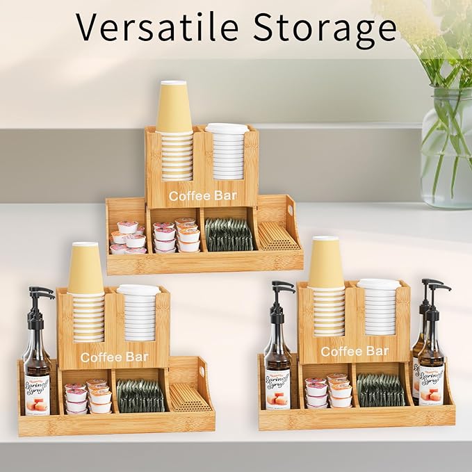 Coffee Station Organizer, Bamboo Coffee Bar Organizer for Countertop, Condiment and Cup Storage Organizer, Bar Accessories for Kitchen, Office, Home, Brown-NeatNest