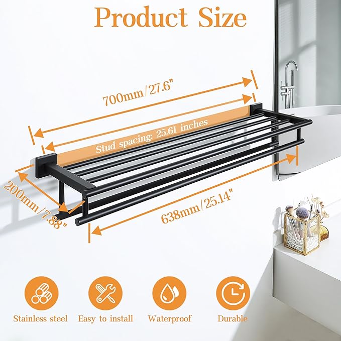 Alise Towel Rack,Towel Holder Towel Shelf with Double Towel Bars for Bathroom Lavatory,28 Inch SUS304 Stainless Steel Wall Mount Towel Hanger,Matte Black