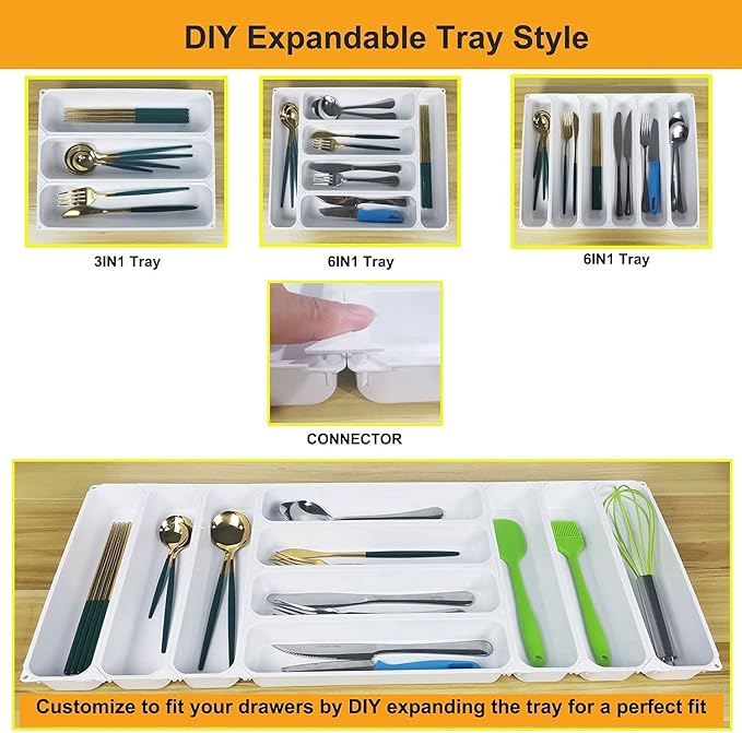 custom silverware tray small drawer organizer for utensils holder 7.5 ines cutlery tray, DIY organizer for silverware, flatware, knives in Kitchen, white (White, Small)10.25 * 7.65 in 3IN1-NeatNest