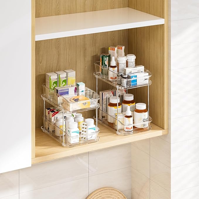 Delamu 3 Pack Bathroom Organizers and Storage, 2 Tier Clear Under Sink Organizer, Pull Out Medicine Cabinet Organizer-NeatNest