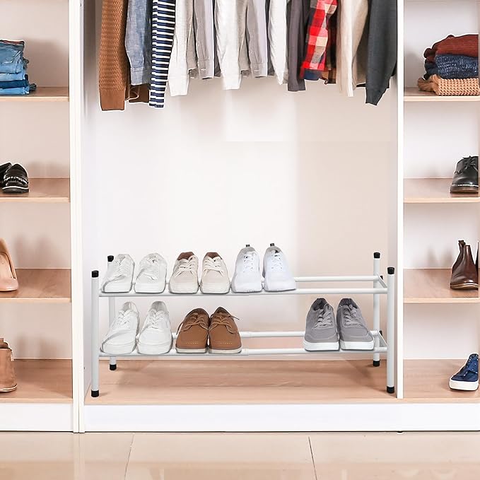 STORAGE MANIAC Expandable Shoe Rack, 8 Pairs Stackable Small Shoe Rack, Metal Adjustable Shoes Organizer for Closet, Entryway, Hallway, Garage, Front Door, Shoes Shelves, White 2 Tier-NeatNest