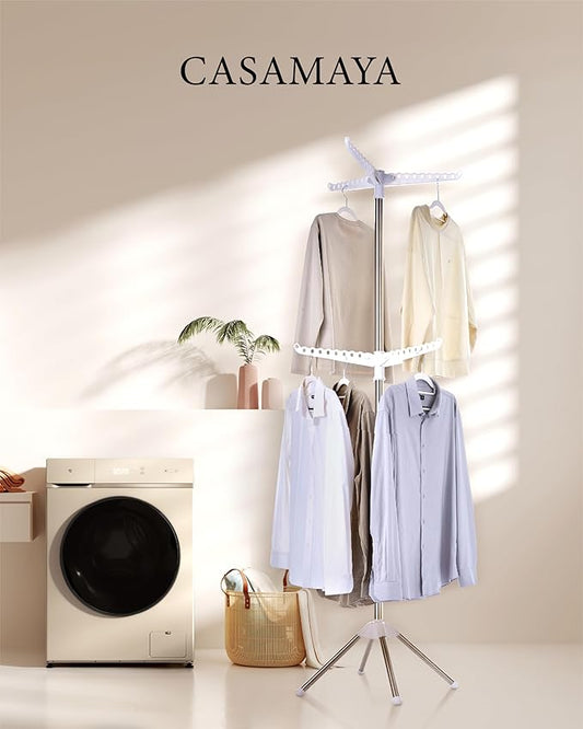 Clothes Drying Rack Foldable, 74.8 inch 2 Tier Laundry Drying Rack with Rotating Clothes Rail for 54 Pieces of Clothes, Space Saving, Indoor, Stainless Steel, White and Silver CDR002W01-NeatNest