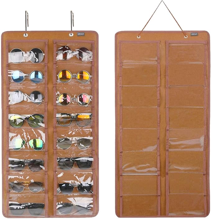 AROUY Sunglasses Organizer - Hanging Wall Pocket with 16 Felt Slots, Metal Hook and Sturdy Rope (Brown, Dust Proof)-NeatNest
