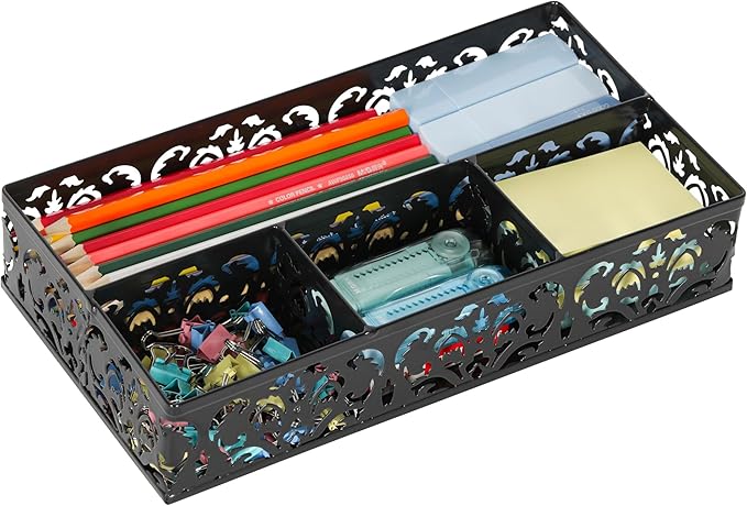EasyPAG Desk Drawer Organizer with 4 Compartments, Carved Hollow Floral Metal Tray for Office, Jewelry, Cosmetics - No Assembly, Black-NeatNest