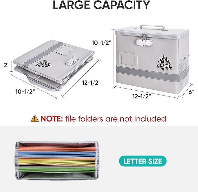 BALEINE Fireproof Document Box with Lock, Portable Fireproof Document Bag Waterproof Fire Proof File Boxes for Documents, File Organizer Box for Important Paperwork (Silver, 12.5''x10.5''x6'')