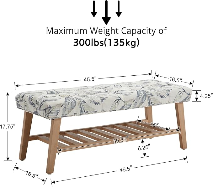 Entryway Shoe Bench Storage Benches with Upholstered Button Tufted Seat and Open Slatted Shelf Linen Shoe Rack for Hallway Living Room Bedroom End of Bed, Pattern