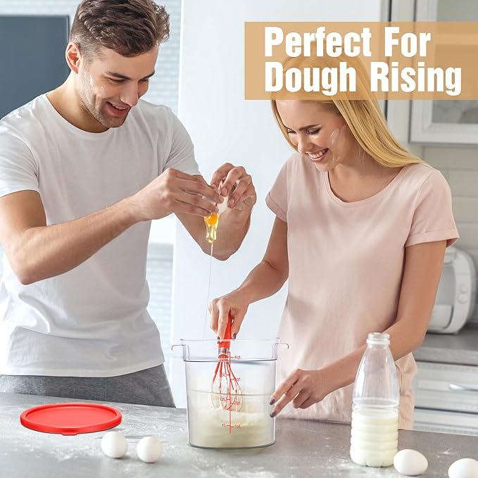 4 Pcs Food Storage Container with Lids Set 4 Qt Square and Round Clear PC Commercial Containers with Scale Handle for Home Restaurant Kitchen Food Storage, Dough Rise, Flour(Red)