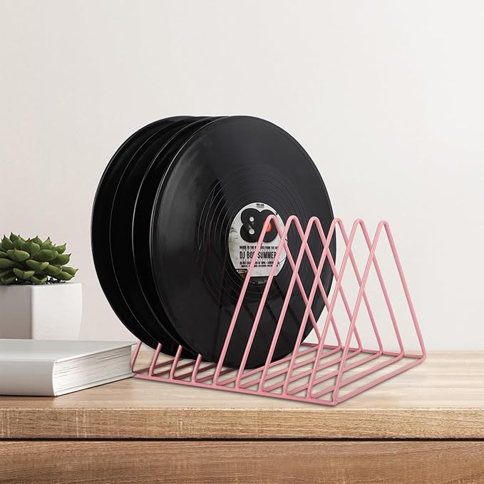 EASEPRES Vinyl Record Holder Storage, 9 Slot Metal Magazine Book Album Display Rack, Stylish Triangle Desktop File Sorter Organizer for Home Office, Pink
