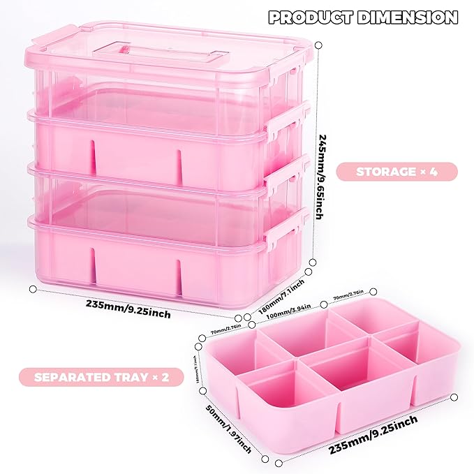 Art Supply Storage Organizer with 2 Removable Trays, 4-Layer 11QT Durable Craft Organizers and Storage for Sewing, Tool, Office Supplies, Art, Craft Supplies(Pink)