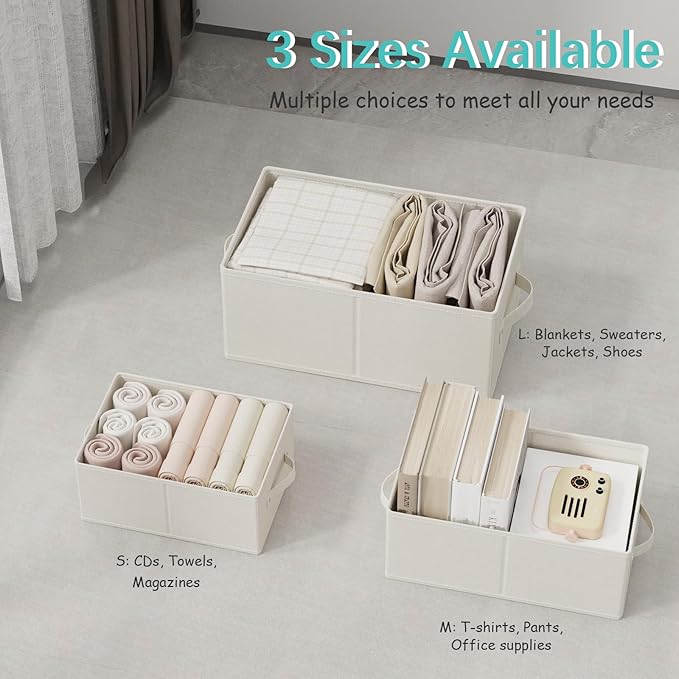 Fabric Storage Boxes for Shelves, 3 Pack Foldable Cloth Bins, Closet Organizers System with 2 Handles, Durable and Sturdy, Saving Space, Beige, 16.1 x 9.8 x 6.5 In, XSNY11BEM-3-NeatNest