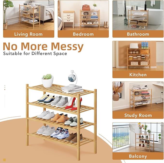 4 Tier Bamboo Shoe Rack Storage Organizer for Closet, Multifunctional Stackable Free Standing Shoe Shelf Organizer for Small Space,Entryway,Hallway,Bathroom 27"x11"x26"(Natural, 4 Tier)-NeatNest