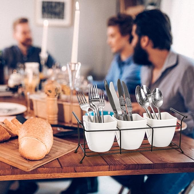 Bekith 3-Piece Ceramic Flatware Caddy with Metal Rack, Utensil Holder Silverware Caddy Cutlery Organizer, White-NeatNest