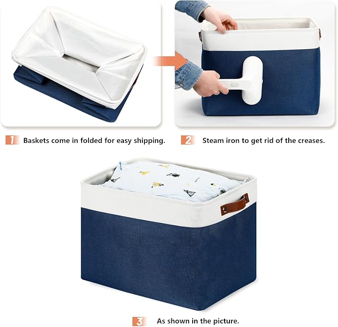 DULLEMELO Large Storage Baskets, Fabric Storage Bins for Organizing Foldable Linen Shelf Baskets for Clothes, Toys, Closet, Laundry (White&Blue,16"x12"x12"-1 Pack)-NeatNest