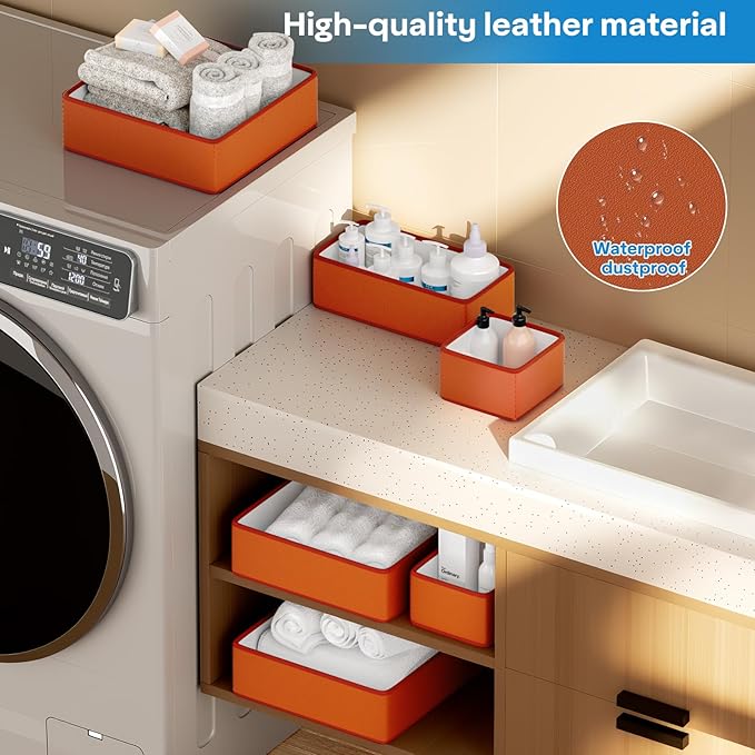 Vegan Leather Drawer Organizers,8 Pack Makeup Storage boxes,Vanity Drawer Luxury upgrade,Bedroom fabric Drawers replacement,bathroom organization and storage Optimal solution
