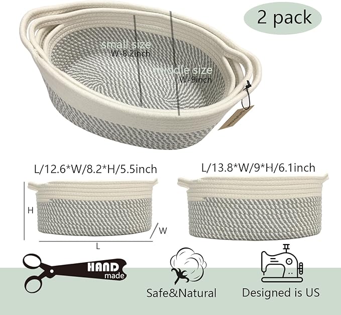 2PACK Medium Oval Decorative Storage Basket Set for Organizing|Nursery, Bedroom, Gift (White Grey)