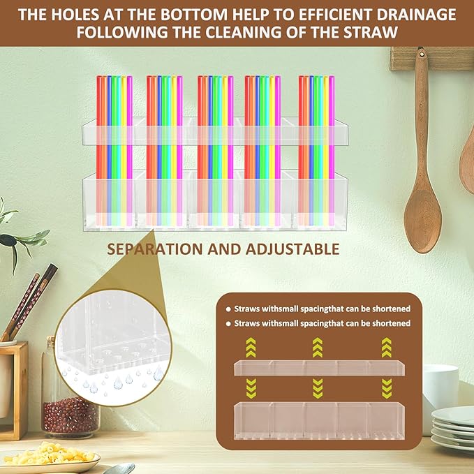 9.8” Acrylic Straw Holder with Double Sided Adhesive Tape Reusable Tumbler Straw Organizer Storage Container for Counter Cabinet Cupboard Kitchen(Large)