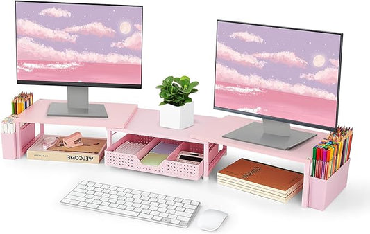 Desk Dual Monitor Stand Riser - Wood Desk Organizer with Drawer and Pen Holders, Office Desk Accessories & Workspace Organization, Computer Monitor Stand for Laptop Printer, Girl Pink-NeatNest