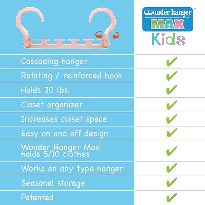 Wonder Hanger Max 10-Pack Space Saving Hangers, Reinforced Hooks Swivels 360°, Cascading Hanger, Teens, College Dorms, Kids & Closet Organizer, Assembled – Pastel Pink-NeatNest