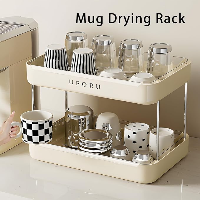 Countertop Coffee Station Organizer, 2 Tier Wine Glass Holder, Mug Shelf with Removable Drain Tray, Spice Rack for Kitchen, Bathroom Countertop Organizer, Cream White-NeatNest