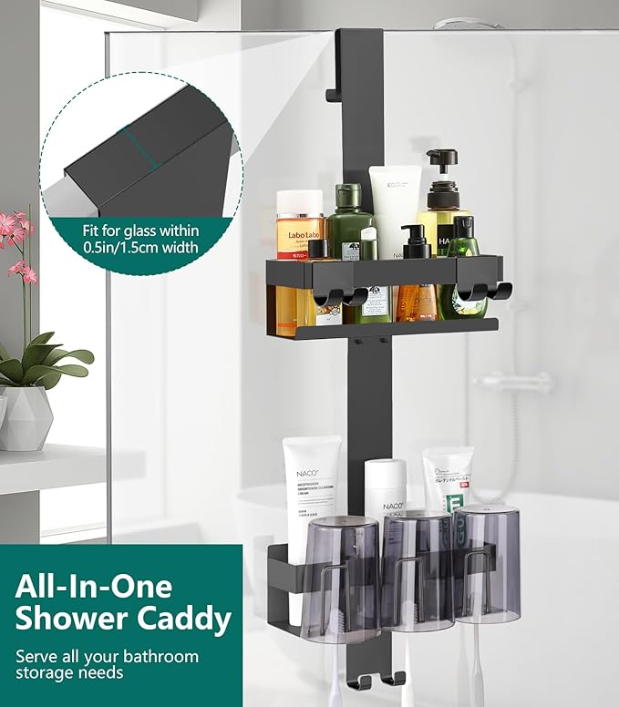 Over The Door Shower Caddy 2 Tier, 304 Stainless Steel Hanging Shower Caddy Rustproof Shower Shelves, No Drilling Hanging Shower Organizer for Bathroom Glass Door, Black