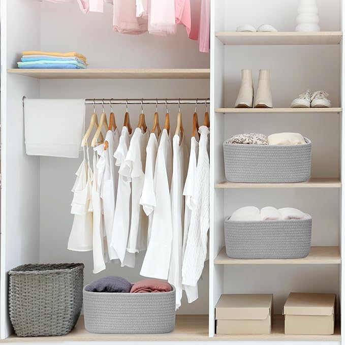 3-Pcs Shelf Baskets for Organizing, Closet Organizer Bins, Small Woven Baskets, Rope Toy Basket, Storage Basket for Shelves, Cube Decorative Box, 11.8×7.8×5.1”, Grey-NeatNest
