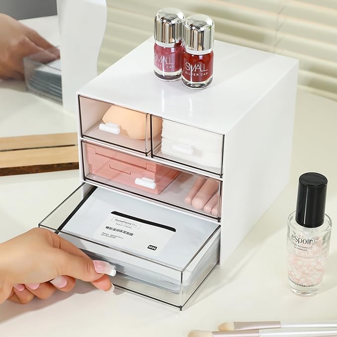 Makeup Organizer with 4 Drawers, Desk Organizer, Cosmetics Storage Box for nail polish, Lipstick, Brushes, Jewelry, Skincare, Bathroom Organization Boxes - White-NeatNest