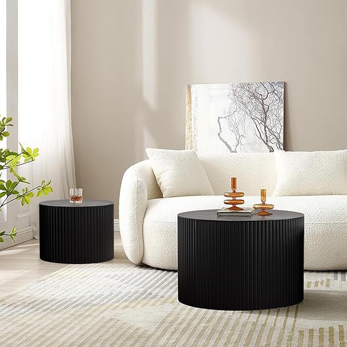 Nesting Coffee Table Set of 2 Wood Circle Drum Coffee Tables Set Contemporary Fluted Coffee Table Round Wooden Coffee Tables for Living Room & Small Space (Black, 27.5 +19.6in)