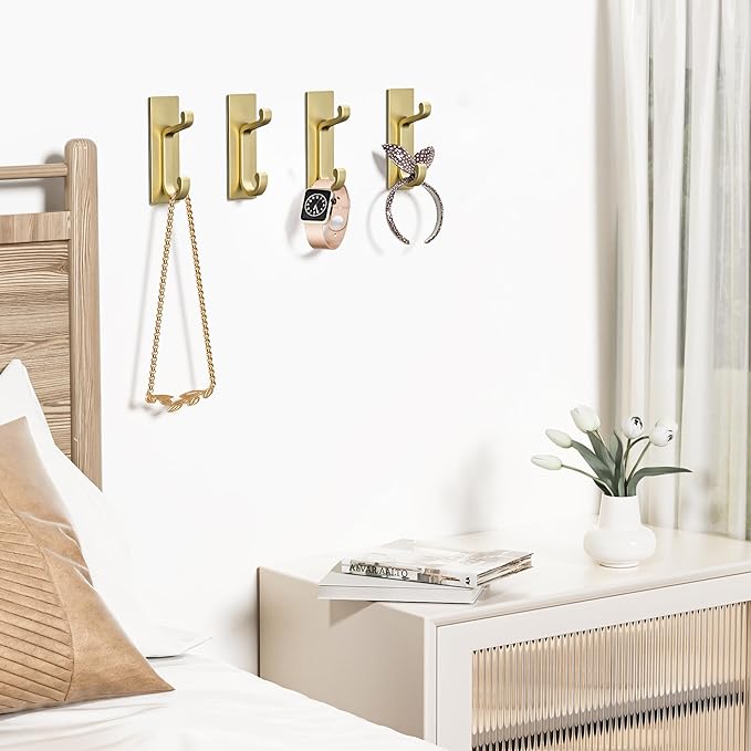 4 Pack Self Adhesive Wall Hooks for Coats - Stainless Heavy Duty Double Hook for Clothes, Towel, Keys, Purse, Backpack, Bag, Hat, Gold Coat Hook for Door, Bathroom, Bedroom, Holds 10Lbs.