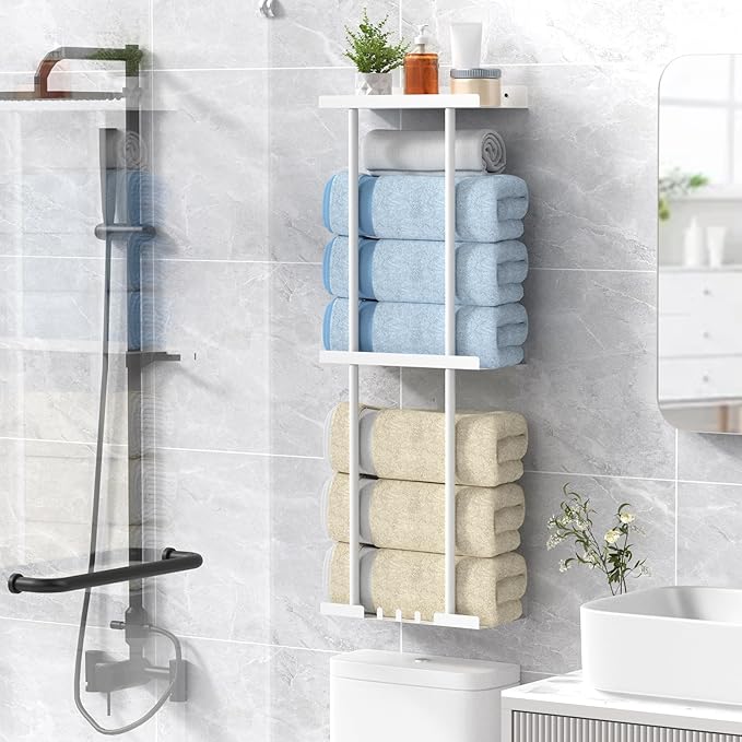 Towel Rack for Bathroom, Wall Mounted Vertical Rolled Towel Storage Organizer Holder with Shelf, Holds Up 6 Large Bath Sheets, White Large Size