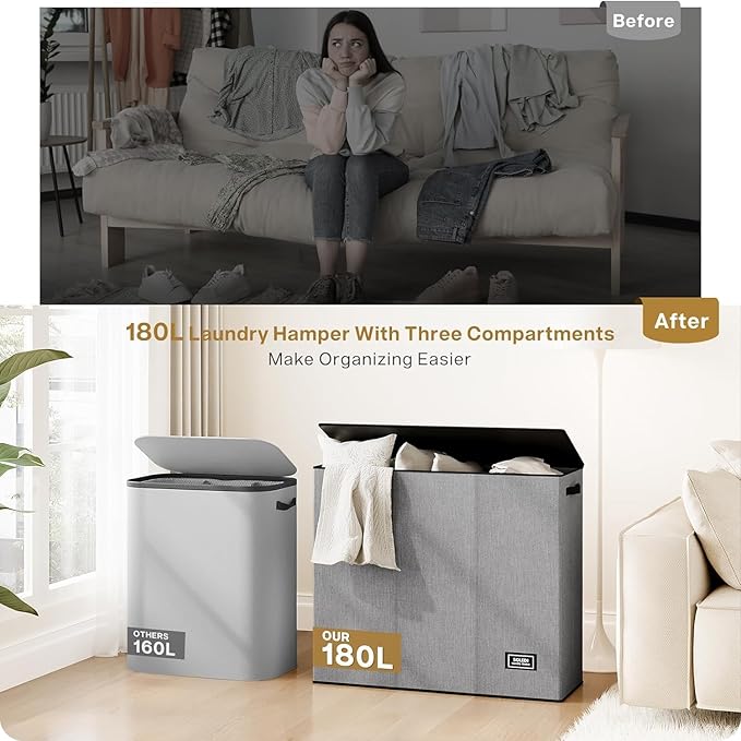 SOLEDI 180L Laundry Hamper 3 Section, Extra Large Laundry Hamper with Lid, Dirty Clothes Hamper with Sturdy Handle, Large Laundry Basket Organizer for Laundry Room, Bedroom, Hampers for Laundry-NeatNest