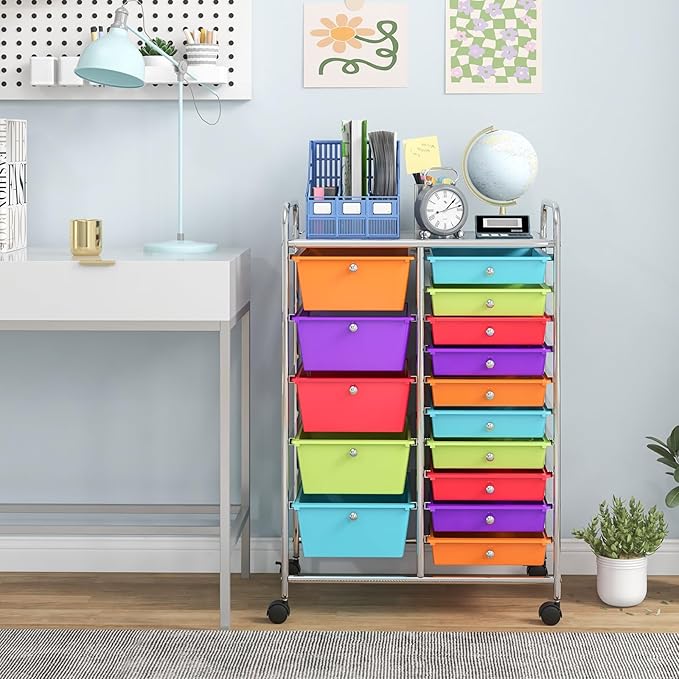 Giantex 15-Drawer Organizer Cart Office School Storage Cart Rolling Drawer Cart for Tools, Scrapbook, Paper (Multicolor)