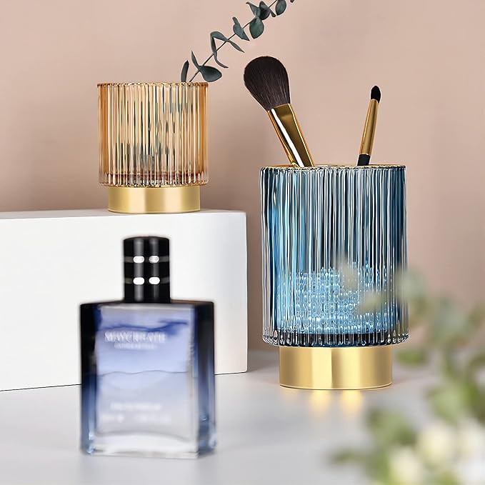 DASITON Makeup Brush holder Organizer,Crystal Cosmetic Makeup Brush Glass Brushes Storage Holder, Vintage Make Up Brush Cup Pen Pencil Holder striped vase(Blue L)-NeatNest