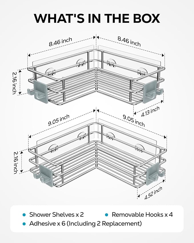 Nieifi Corner Shower Shelves Stainless Steel, Adhesive Shower Caddy Basket Rack with Hooks, Rust Proof for Bathroom Shelf Shampoo Holder (Silver, 2 Pack)