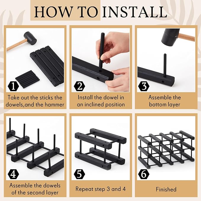 Juexica 1 Pcs 12 Bottles Wooden Wine Rack for Inside Cabinet Stackable Countertop Modular Wine Storage Rack DIY Assembly Bottle Holder for Cellar (Black Color)