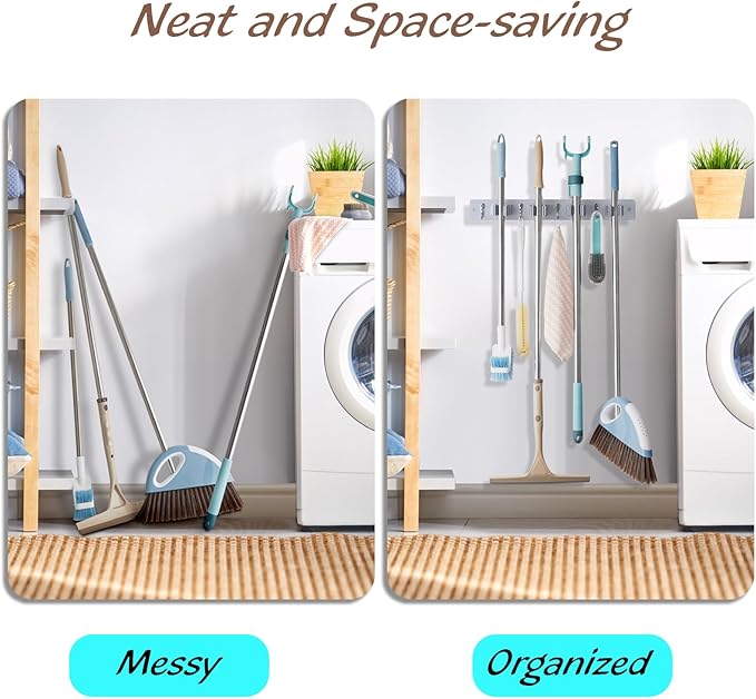 Gray Mop Broom Holder Wall Mount with 4 Slots & 4 Hooks - Wood Broom Mop Hanger for Pantry Closet Laundry Room Organization - Heavy Duty Garden Tool Organizer-NeatNest
