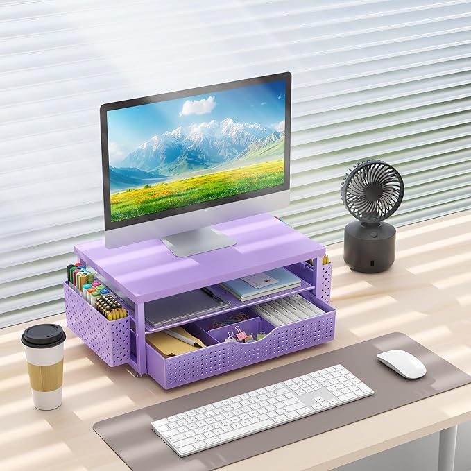 gianotter Wood Monitor Stand Riser, Desk Organizer with Drawer and 2 Pen Holders, 2-Tier Workspace Organizer for Office Supplies (Purple Wood)-NeatNest