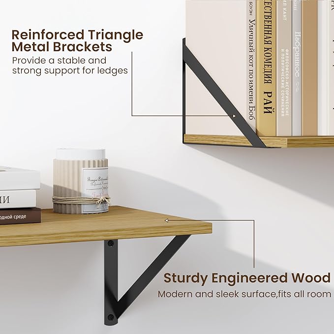 Fun Memories Deep Floating Shelves for Wall, 24W x 8D Wall Mounted Shelves Set of 2, Wide Display Ledge Shelf with Sturdy Metal Brackets for Living Room, Bathroom, Bedroom and Kitchen, Oak-NeatNest