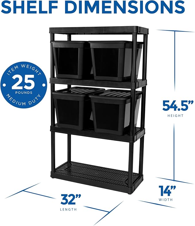 Gracious Living 4 Shelf Fixed Height Ventilated Medium Duty Shelving Unit, Organizer System with 10-Gallon Storage Bins & Lids, Black