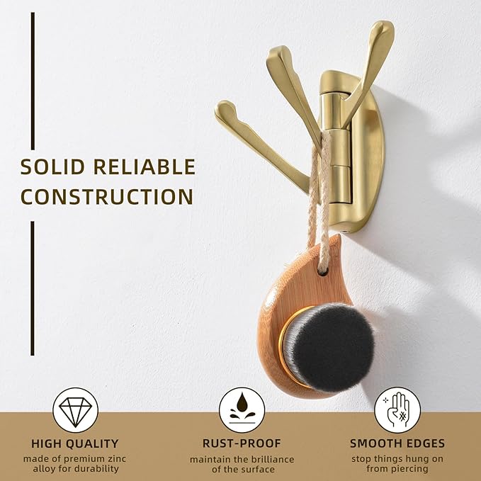 Angle Simple Swivel Towel Hook Brushed Gold 2 PCS, Metal Folding Bathroom Hook, Bath Towel Holder, Heavy Duty Robe Clothes Hanger for Bathroom RV Wall Mount