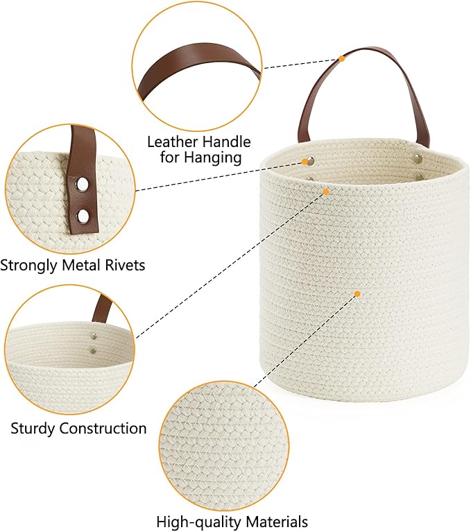 DULLEMELO Rope Hanging Baskets 2 Pack - 7"(D) x 8"(H) Small Woven Wall Storage Basket for Organizing,Hanging Decorative Baskets for Home Bedroom Office Plants (White)-NeatNest