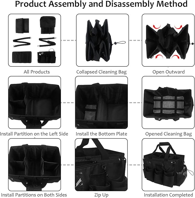 Qivine Cleaning Caddy with Handle, Cleaning Supply Caddy Foldable Tool Bag Cleaning Products Organizers Portable Cleaning Bucket Organiser for Storing Towels(Black Square)