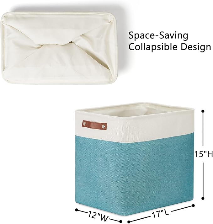 DULLEMELO Large Collapsible Storage Basket/Bin with Sturdy Leather Handles, Fabric Organizer Bin for Storage Clothes, Toys, Books, Office, Bedroom, Closet, Nursery & Laundry (White&Teal)-NeatNest