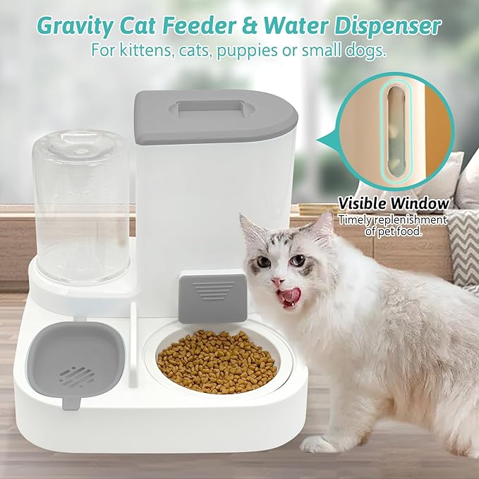 Fhiny Gravity Cat Feeder and Water Dispenser, 2 in 1 Automatic Pet Waterer Detachable Ceramic Food Bowls Set Pet Food Storage for Small Dog Puppy Cat Kitten Pet Easy Clean (Grey)-NeatNest